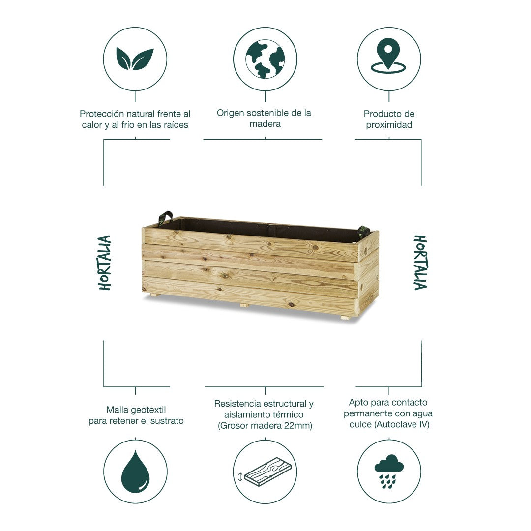 Jardinera Rectangular De Madera Tratada 120x45x40 Cm Ghio Hortalia_4
