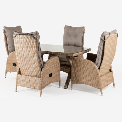 Conjunto Muebles Exterior, Mesa 140x80 Cm Y 4 Sillones Reclinables, Aluminio Y Rattán Sintético Plano Color Natural, 4 Plazas, Cristal Templado 5 Mm_2