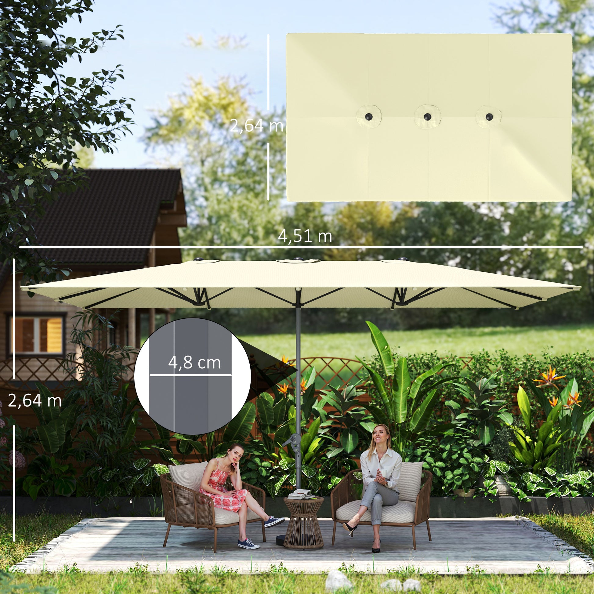 Outsunny Sombrilla Doble 4,5x2,6 M Con Manivela Impermeable Crema_2
