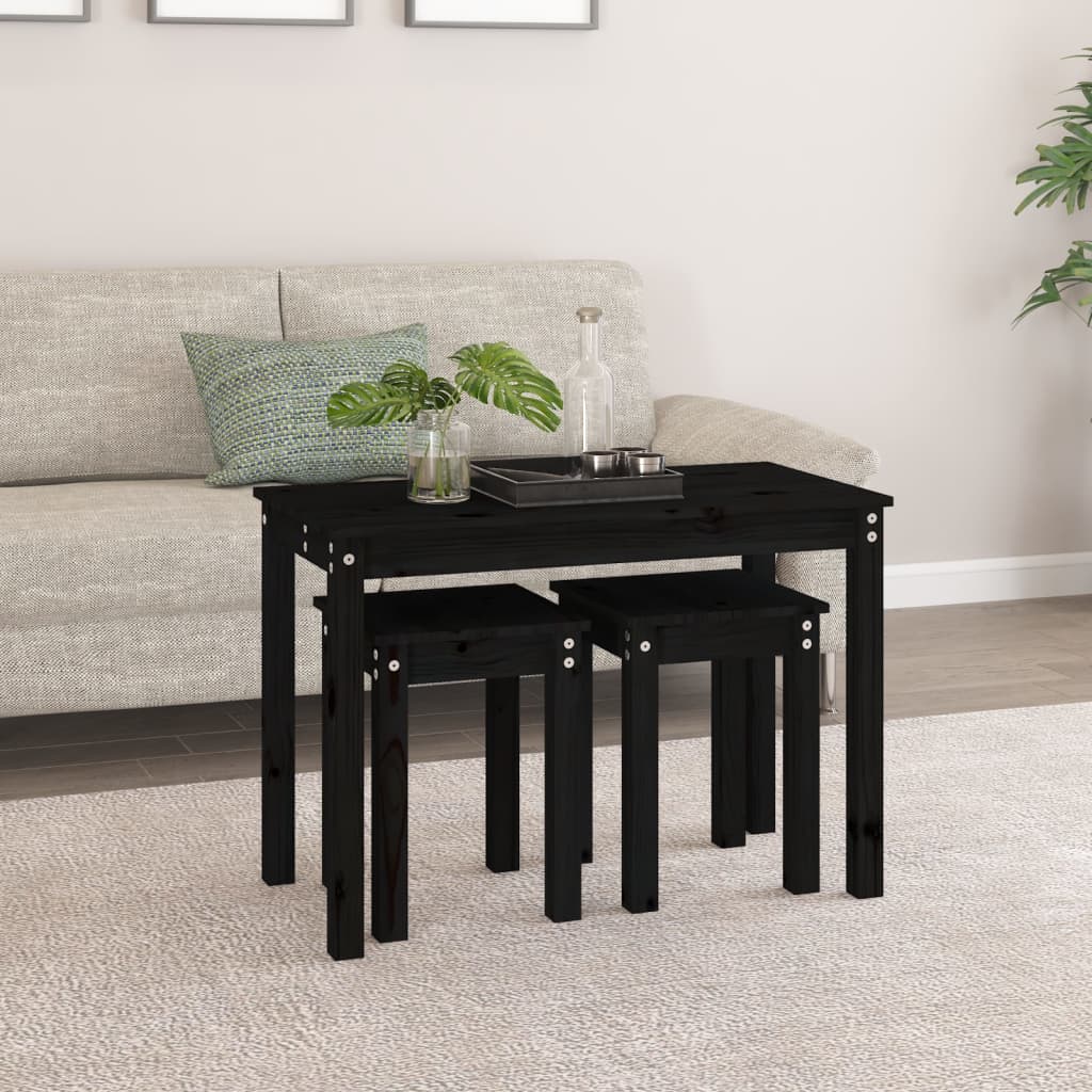 Mesas Apilables 3 Piezas Madera Maciza De Pino Negro_1