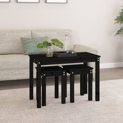 Mesas Apilables 3 Piezas Madera Maciza De Pino Negro_1