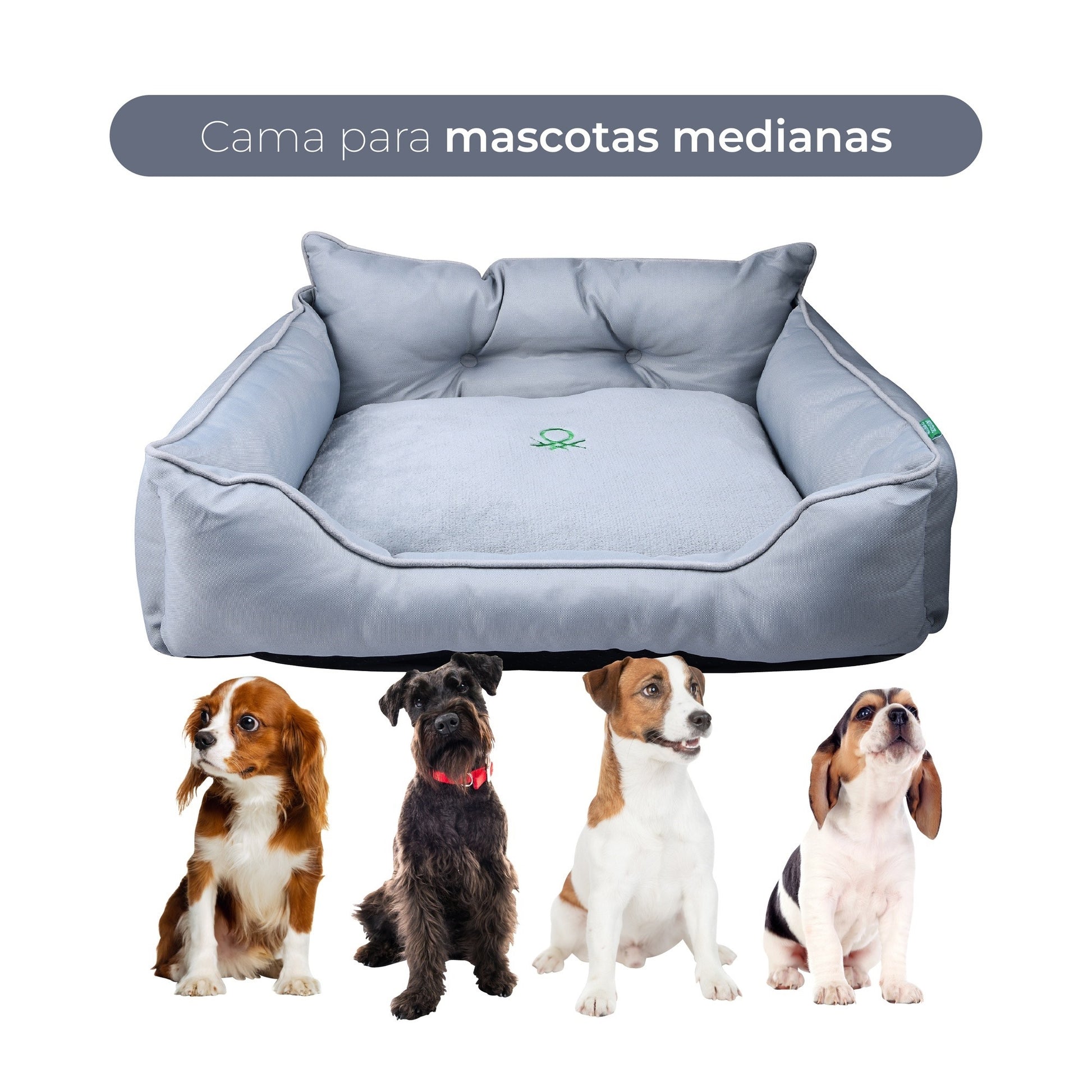 Cama Para Mascota 65x50x20cm Gris + Comedero Doble De Acero En Bambú