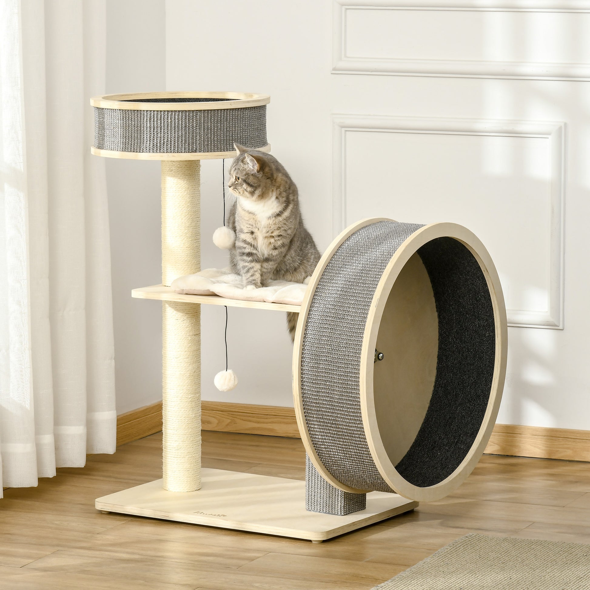 Pawhut Árbol Rascador Para Gatos Mediano 91 Cm Con Rueda Para Ejercitar Y Cama_1