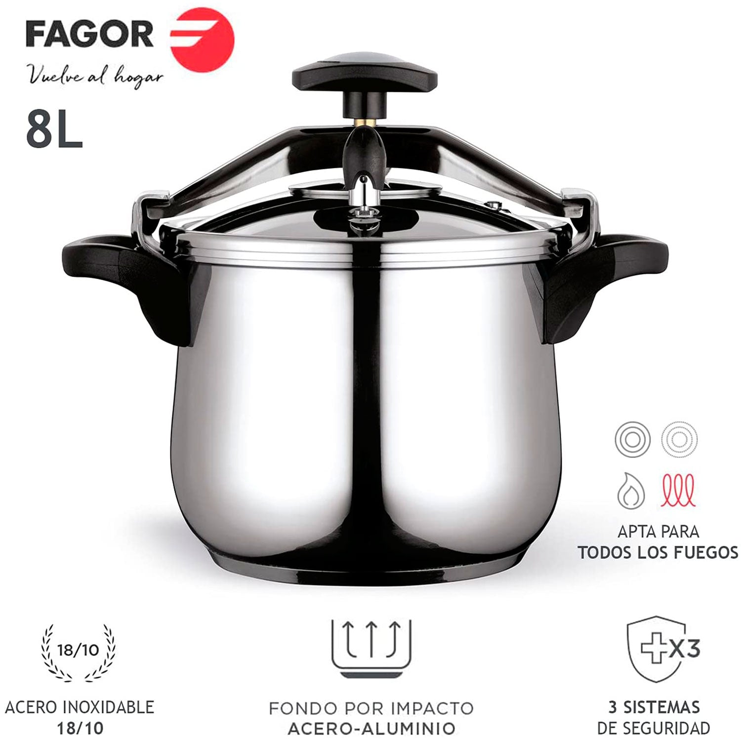 Olla Presión 8 Litros, Inducción, Express, Acero Inox. 18/10 Todas Cocinas, Fondo Termodifusor Fagor Clásica Bombe 8 Plata_1