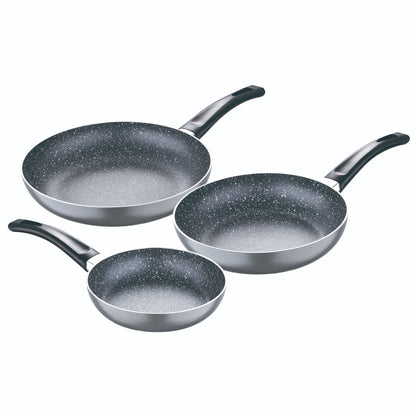Set 3pc Sarten (16+20+24cm) Aluminio Prensado, Inducción, Negra Soul Marble Con Set 3pc Utensilios De Cocina Silicona Madera_1