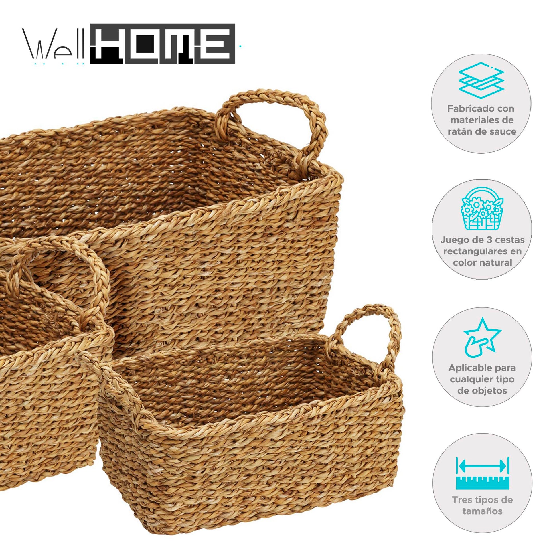 Juego De 3 Cestas Rectangulares Color Natural - Well Home_1