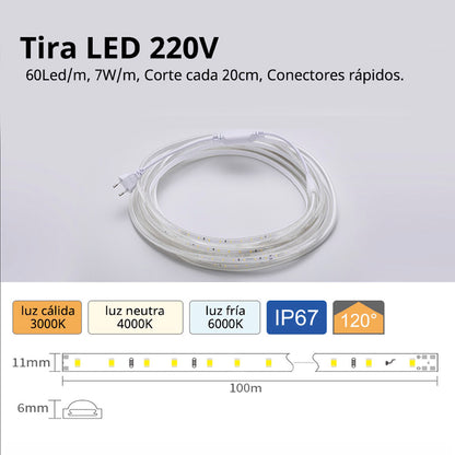 Tira Led 220v Smd2835, 60led/m, 1 Metro Con Conectores Rápidos, 20cm Corte, Blanco Frío_3