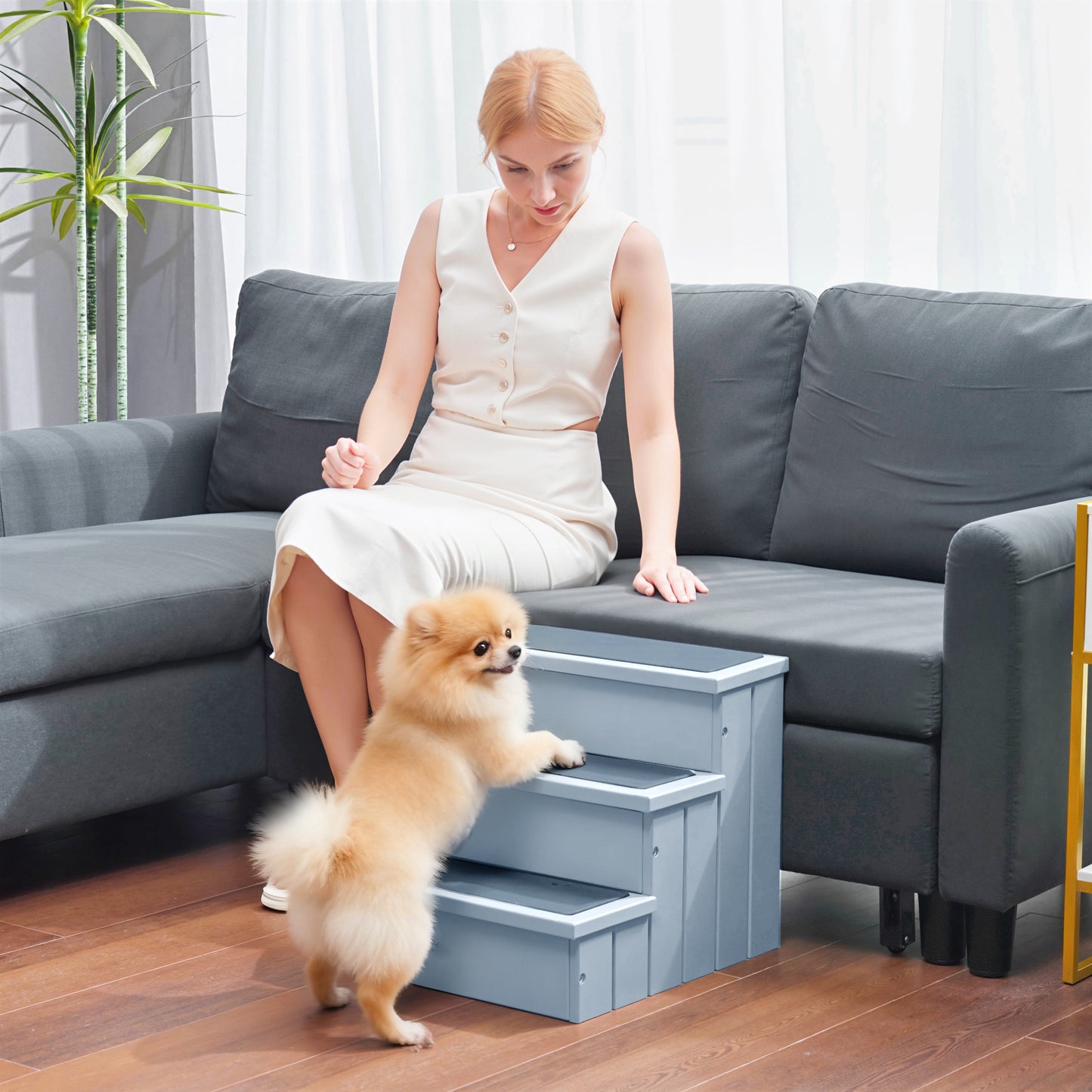 Pawhut Escalera Para Mascotas 3 Peldaños Con Espacio 40,5x44,5x38 Cm Gris_1