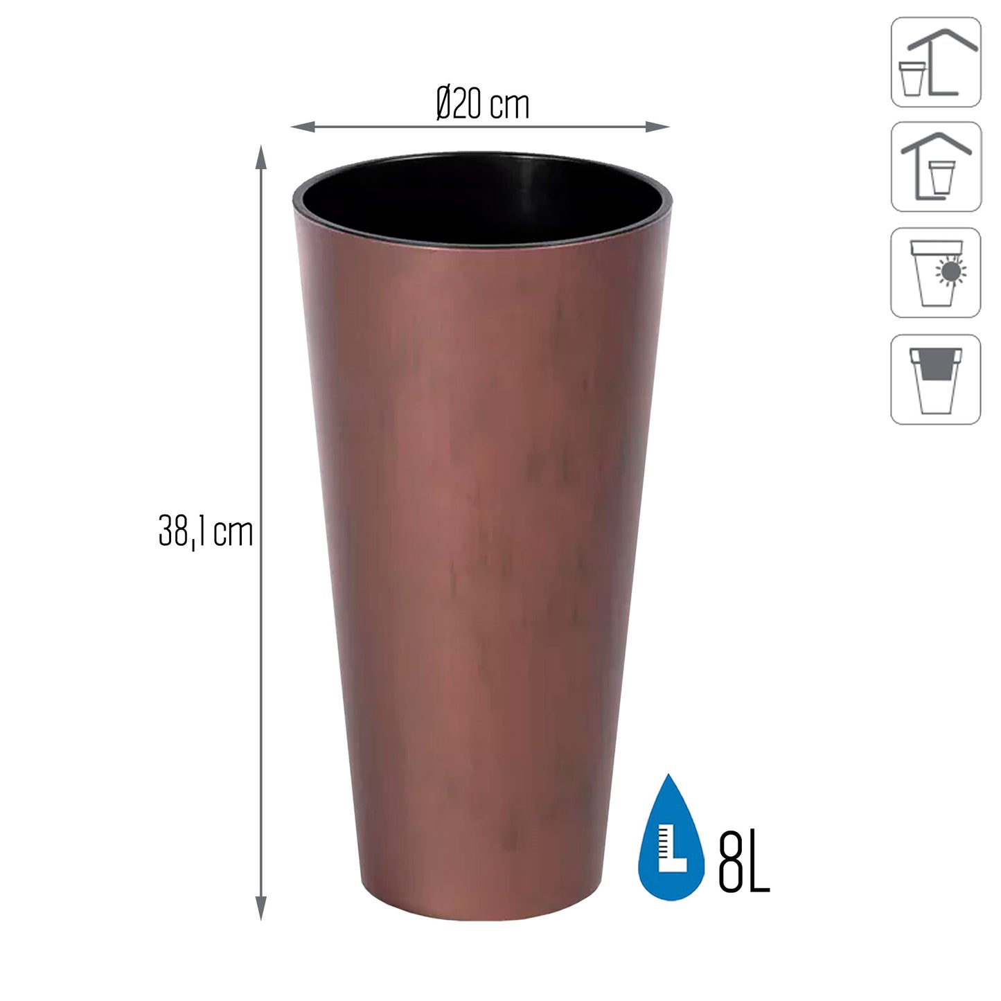 Maceta Tubus Slim Corten 8l., Con Depósito, Dimensiones (mm) 200x200x381, Color Cobre_2