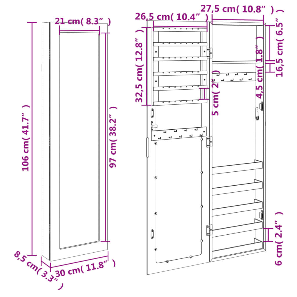 Vidaxl Espejo Con Joyero De Pared Negro 30x8,5x106 Cm_2