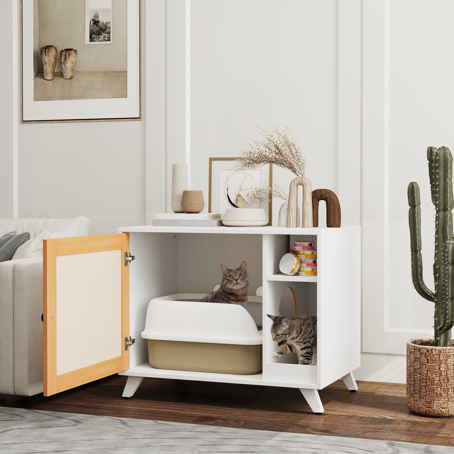 Pawhut Mueble Arenero Para Gatos Con Puerta Con Almohadilla Para Rascar Blanco_1