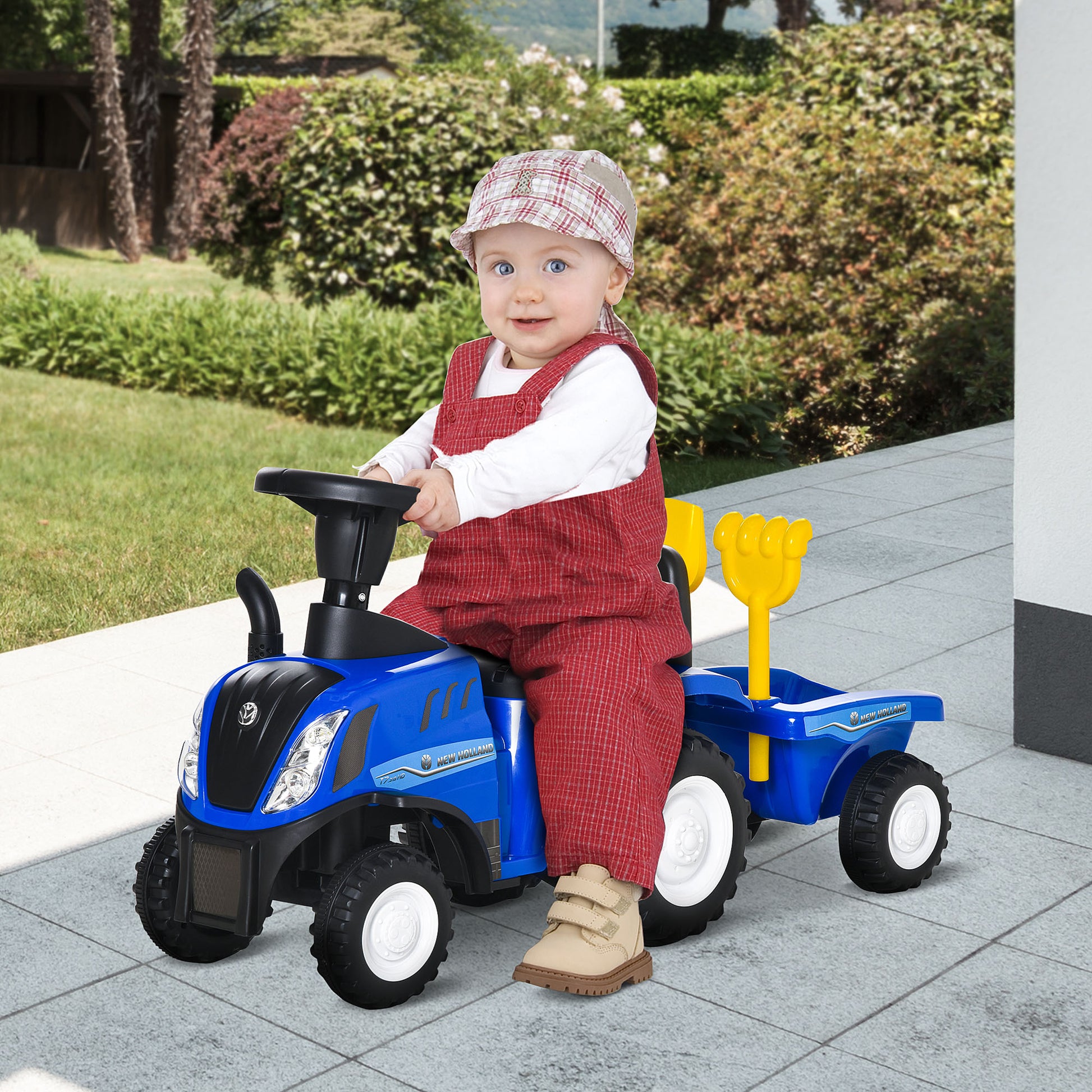 Homcom Tractor Con Remolque Para Niños 12-36 Meses Con Faros Pala Y Rastrillo_1