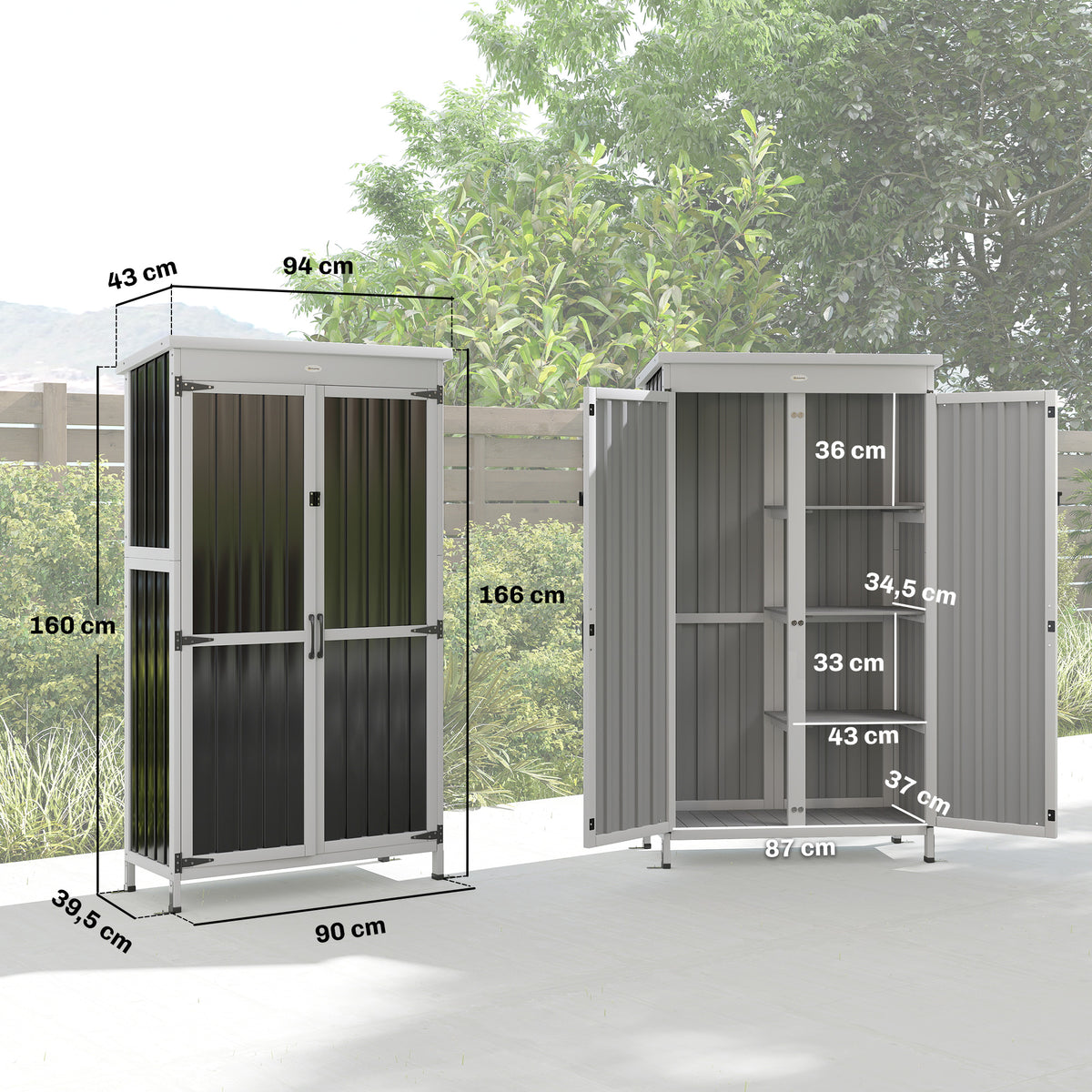 Outsunny Caseta De Jardín De Madera Y Acero 94x43x166 Cm Con Estantes 2 Puertas_2