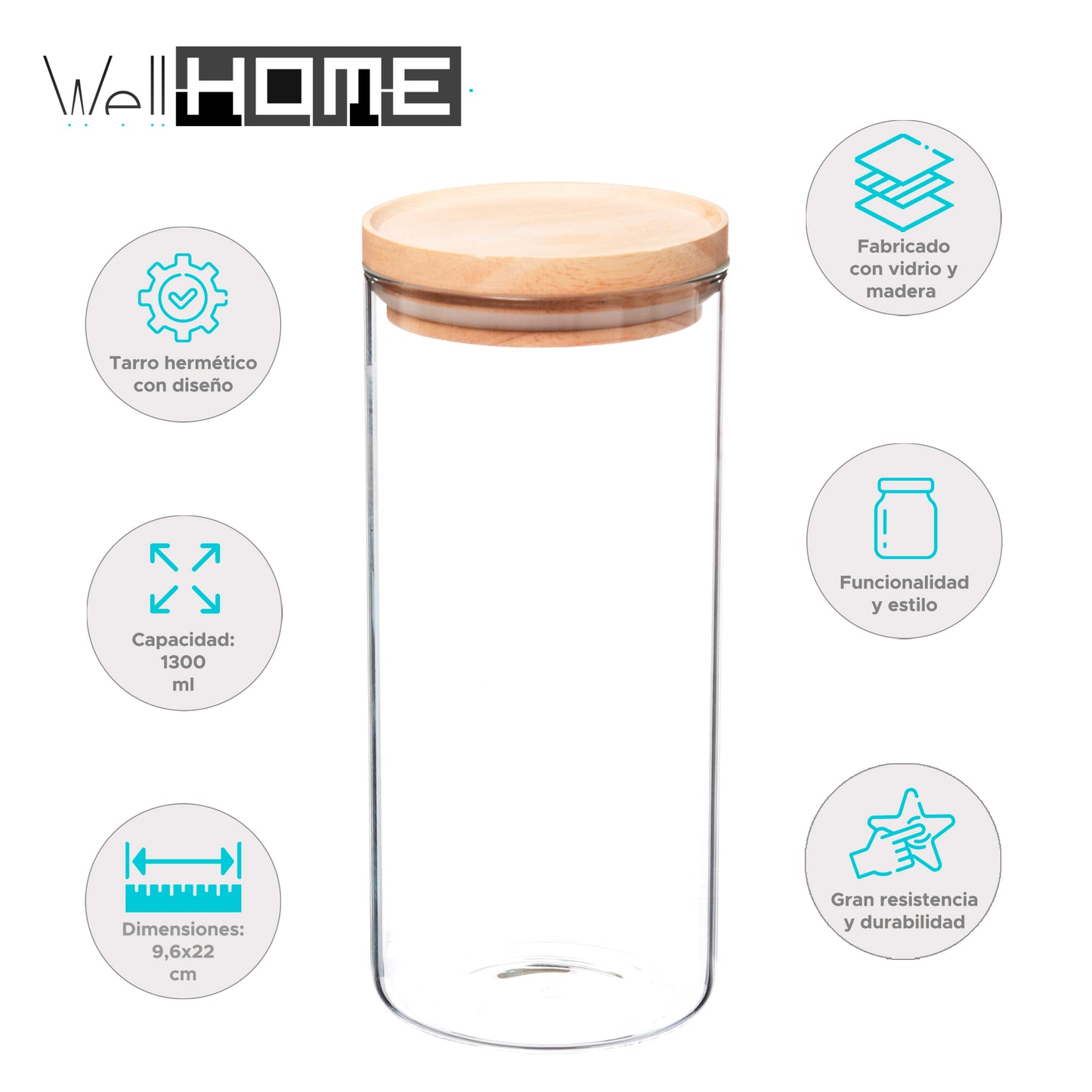 Wellhome - Tarro De Vidrio Y Madera, Cierre Hermético 1.3l