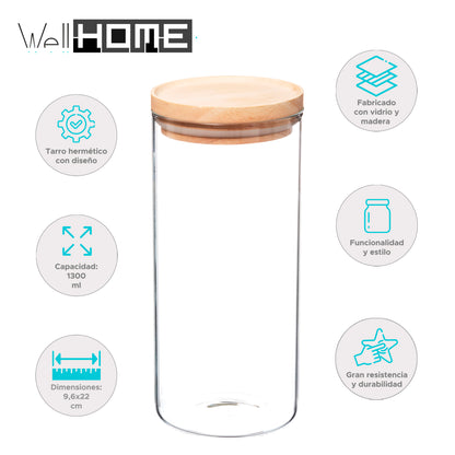 Wellhome - Tarro De Vidrio Y Madera, Cierre Hermético 1.3l