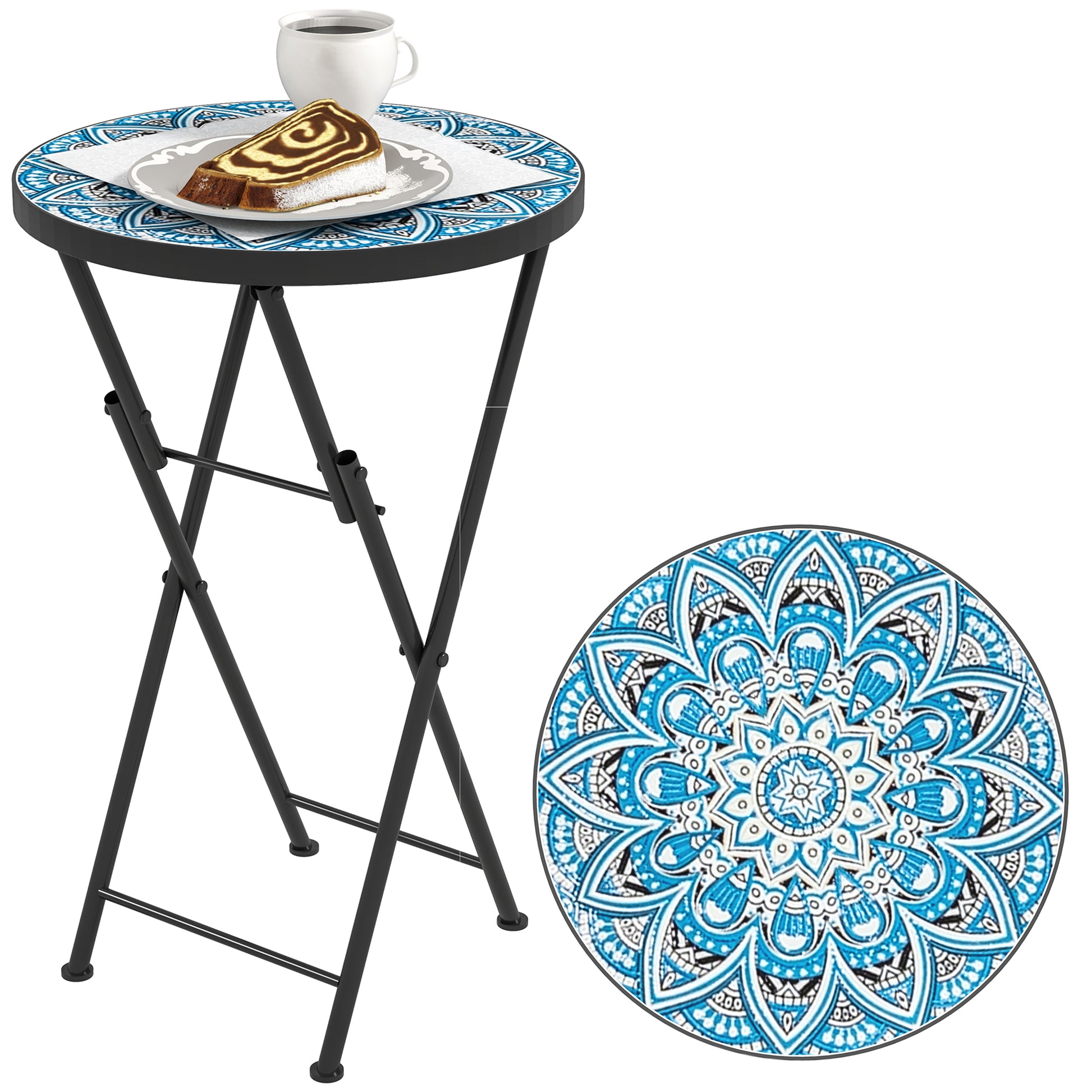 Outsunny Mesa Auxiliar Redonda Plegable Con Encimera De Mosaico Azul_0
