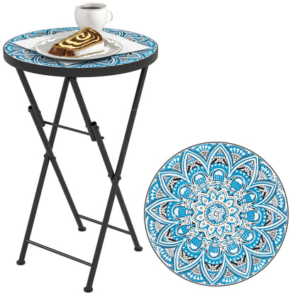 Outsunny Mesa Auxiliar Redonda Plegable Con Encimera De Mosaico Azul_0