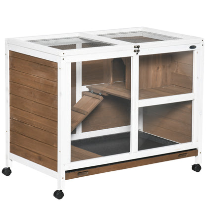 Pawhut Conejera De Madera Con Ruedas 91,5x53,3x73 Cm Techo Abatible Bandeja_0