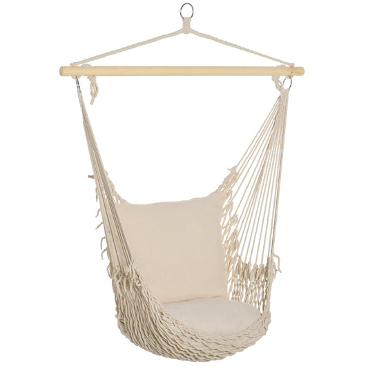 Outsunny Silla Colgante Con 2 Cojines Barra De Madera Carga 120 Kg Crema_0