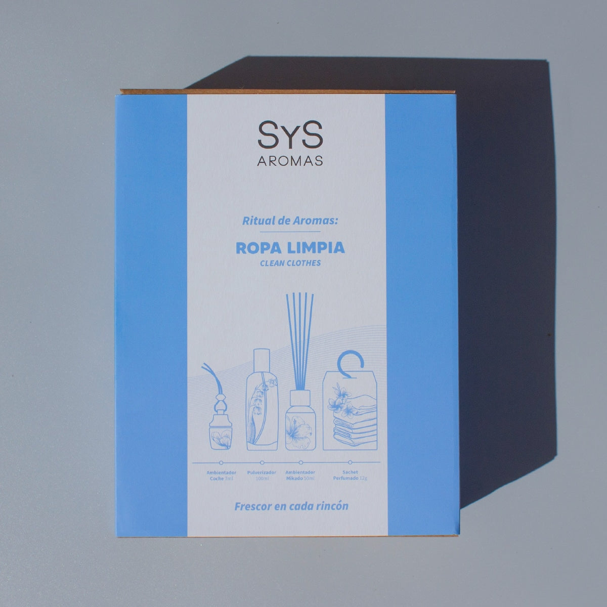 Pack Aroma Ropa Limpia SYS Aromas | Ambientador de Coche 7 ml, Pulverizador 100 ml, Mikado 50 ml y Sachet 12 g_1