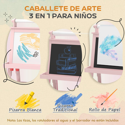 Aiyaplay Pizarra Infantil Caballete 3 En 1 Con Rollo De Papel Y Cestas Rosa_3