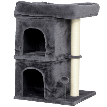 Pawhut Árbol Rascador Para Gatos 66 Cm Con Cama 2 Cuevas Poste Bola Gris Oscuro_0