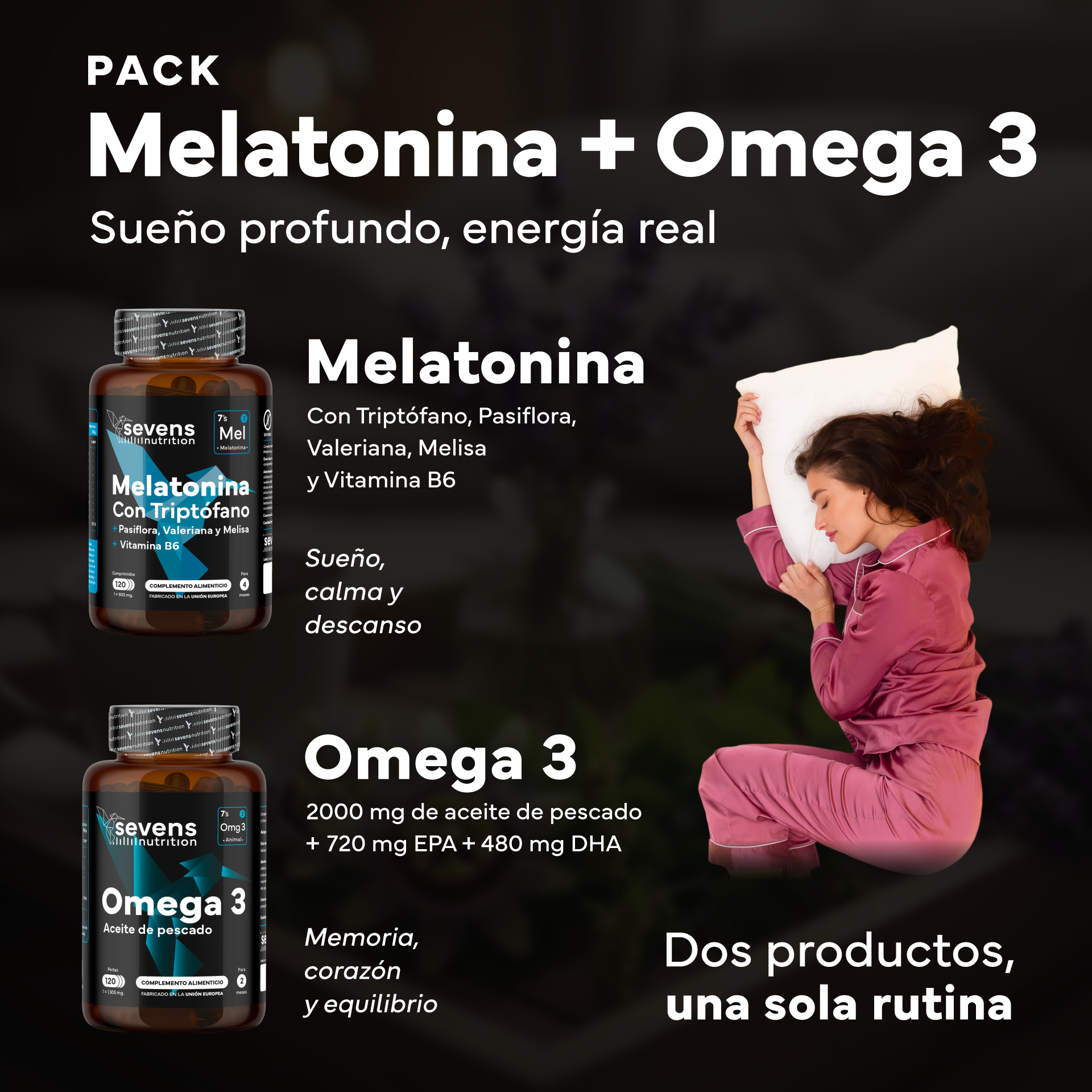 Melatonina Pura 1,9 Mg Con Triptófano + Omega 3 2000 Mg Omegatex®. Sevens Nutrition. Sueño Reparador, Corazón Y Cerebro_1