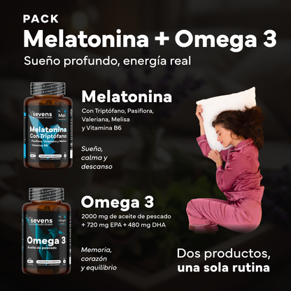 Melatonina Pura 1,9 Mg Con Triptófano + Omega 3 2000 Mg Omegatex®. Sevens Nutrition. Sueño Reparador, Corazón Y Cerebro_1