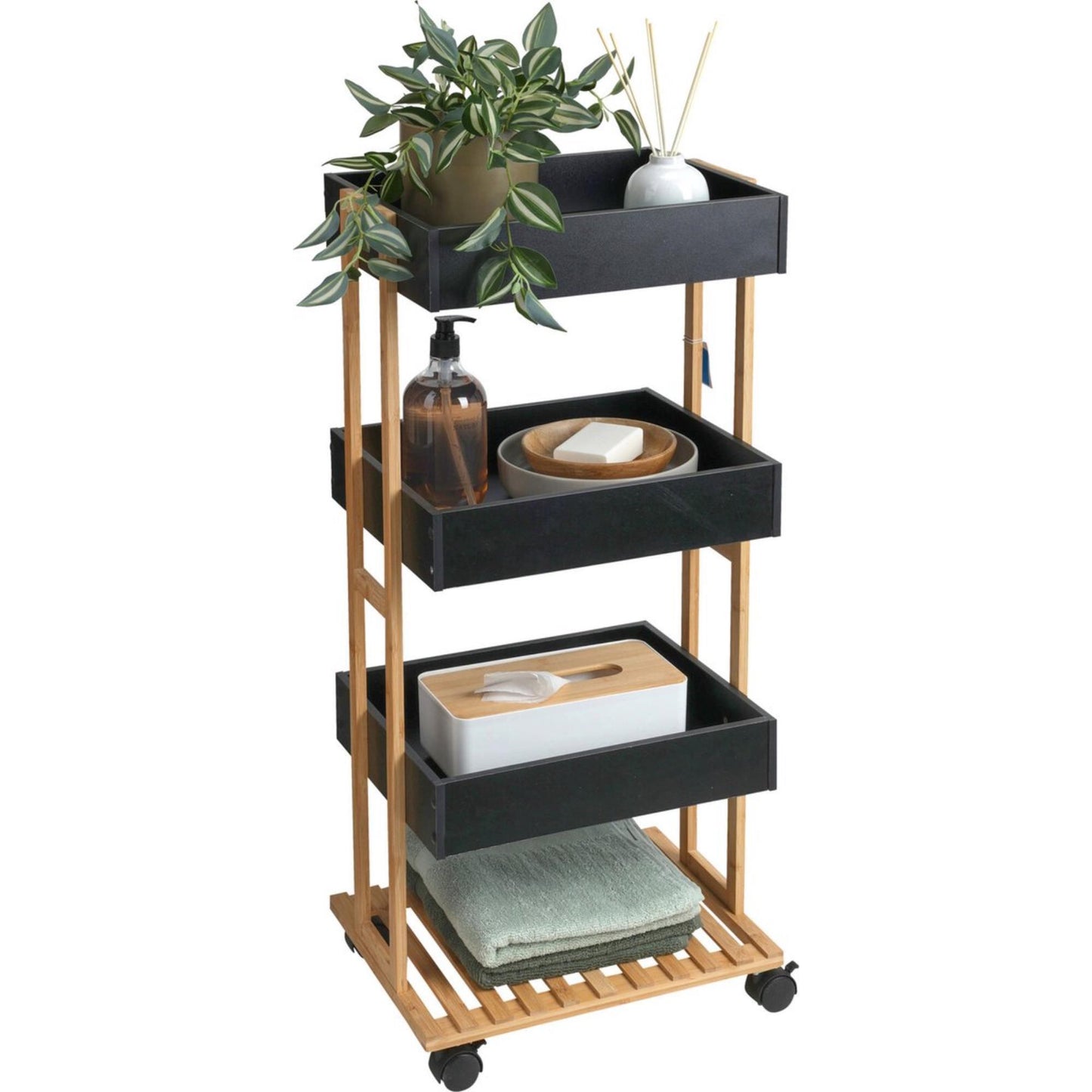 Well Home Carro De Almacenamiento En Bambú Con 1 Estante Y 3 Bandejas En Color Negro 40x30x87,5cm