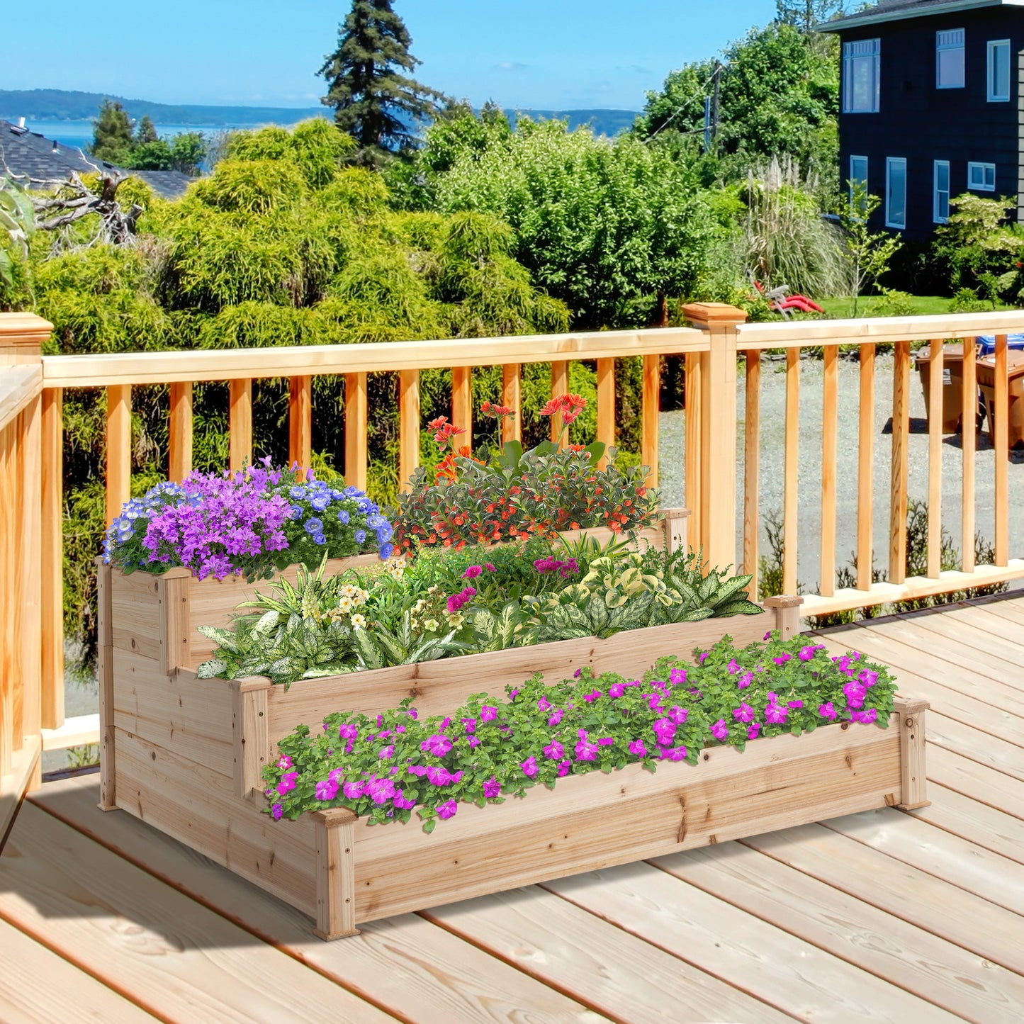 Outsunny Jardinera Exterior Grande De Madera De 3 Niveles 120x120x56 Cm Natural_1