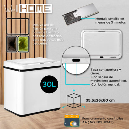 Cubo Reciclaje 15l+15l Sin Patas Apertura Auto Blanco