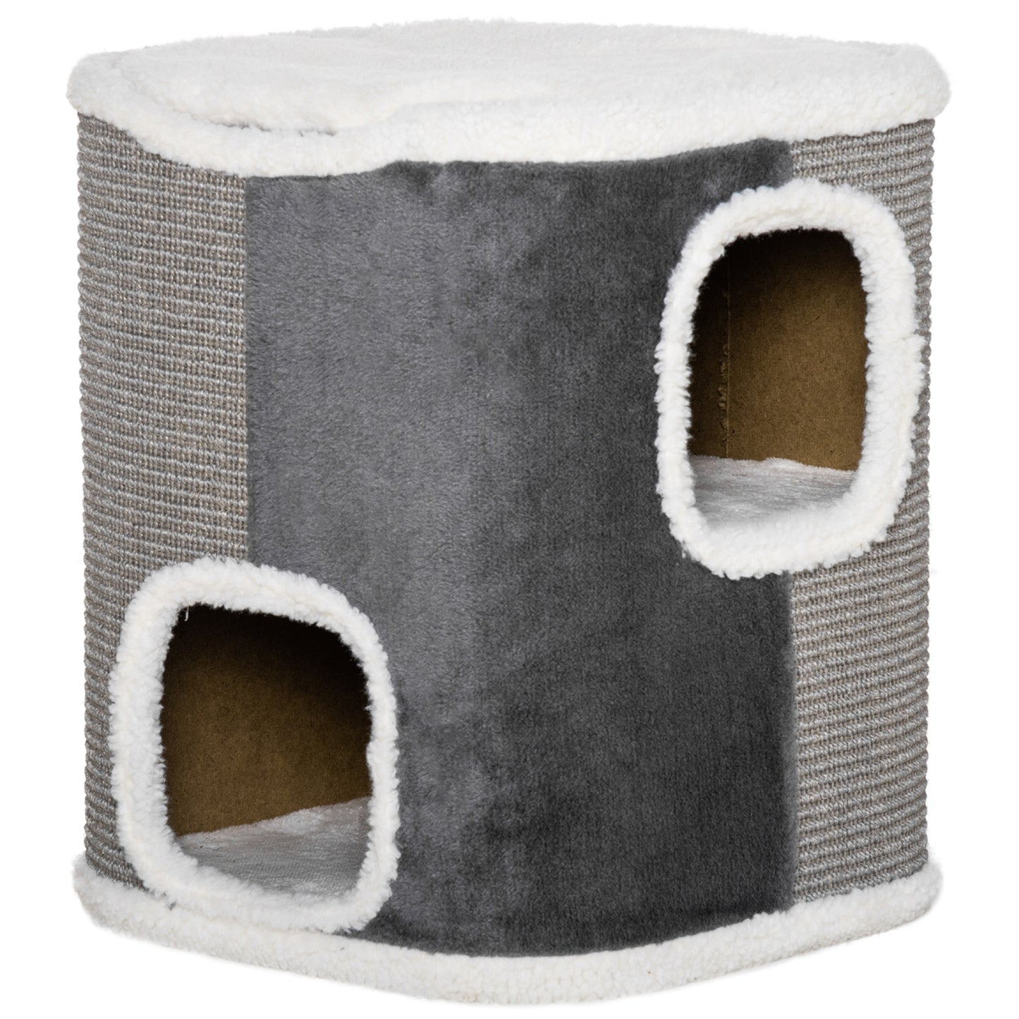 Pawhut Barril Rascador Para Gatos 2 Niveles Con Cuevas De Sisal 40x40x49cm Gris_0