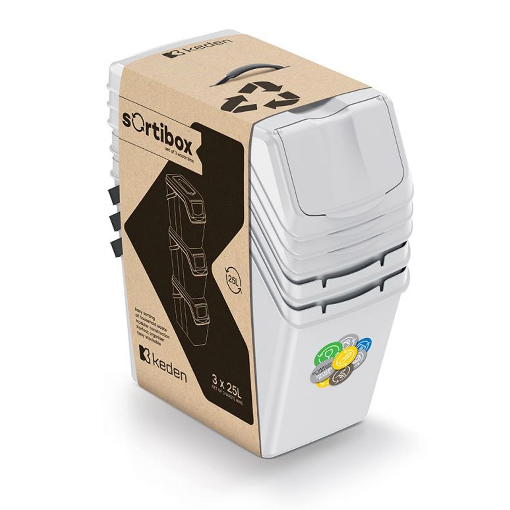 Set De 3 Cubos De Basura Keden Sortibox Para Reciclado, Blanco Roto, Volumen 3x25l