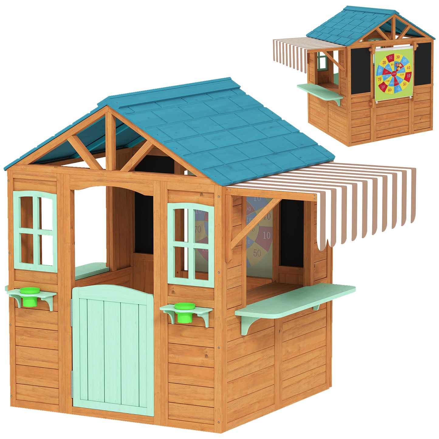 Aiyaplay Casita Infantil Exterior De Madera Con Barra De Snack Maceteros Pizarra_0