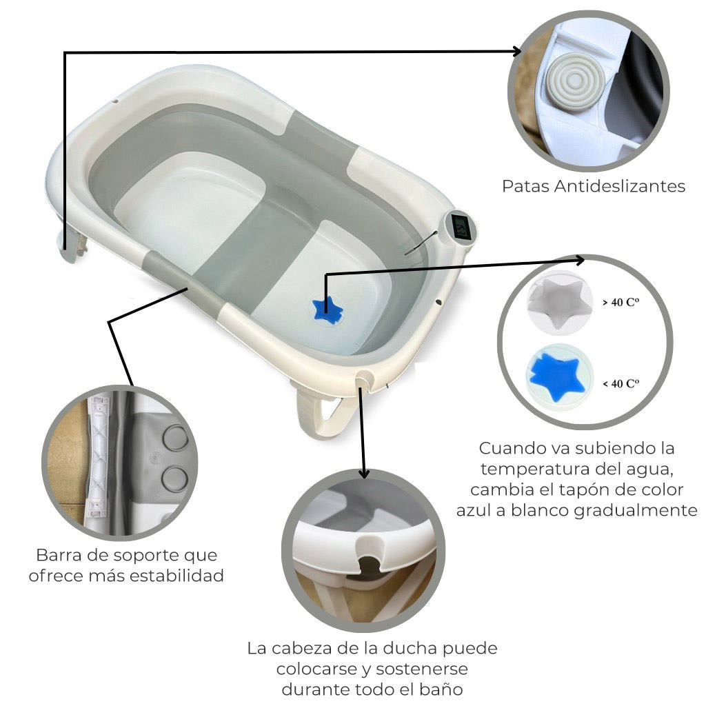 Bañera Bebé Plegable Con Termómetro, Cojín Antideslizante, Patas Antideslizantes, Gris Oasis Bathby_2