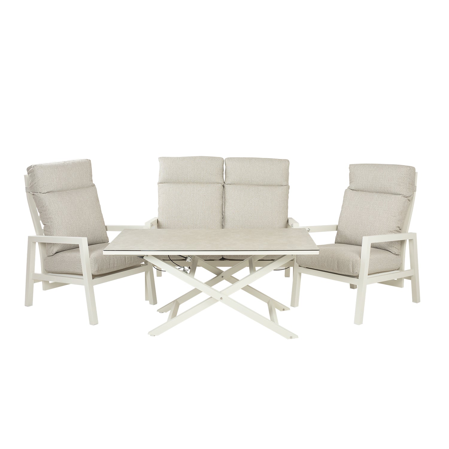 Conjunto Relax Reclinables, Mesa Regulable, Aluminio, Color Blanco Envejecido, Mesa:140x80x29/64cm Sillón:66x83x104 Cm Sofá:126x82x112 Cm Alto_0