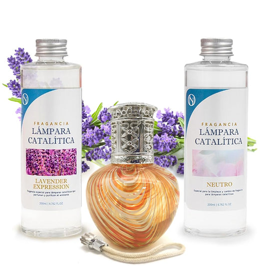 Pack Ahorro Lámpara Catalítica Orange Waves + Fragancia Lavender Expression 200ml + Limpiador 200ml + Mecha Repuesto_0