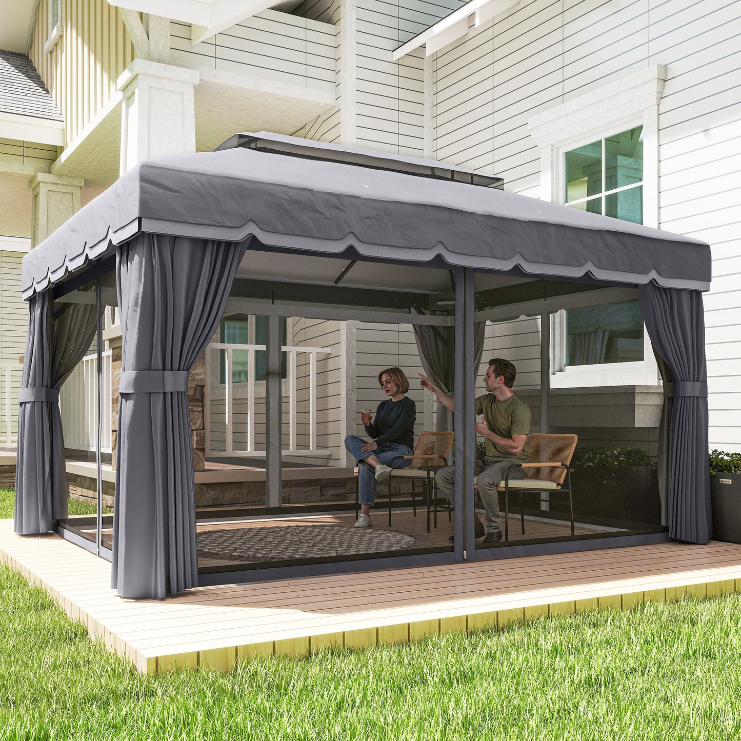 Outsunny Cenador Para Jardín 4x3 M Con Doble Techo Y Paredes Laterales Gris_3