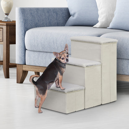 Escalera Para Mascotas 3 Peldaños Plegable Con Tapas Abatibles 40x54x48cm Blanco_1