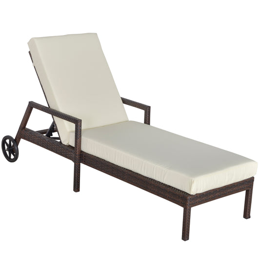 Outsunny Tumbona De Ratán Jardín Con Cojines Respaldo Ajustable Y 2 Ruedas Crema_0