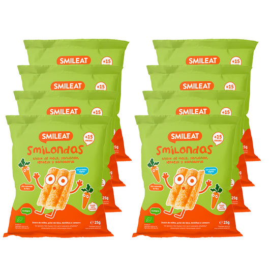 Pack 8x Smilondas Snack de Maiz, garbanzo, lenteja y Zanahoria Eco, Smileat, 25 g