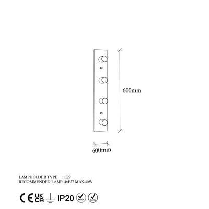 Aplique De Pared, Metal , Blanco, 10x10x60, Casquillo 4 X E27 Max 40 W_1