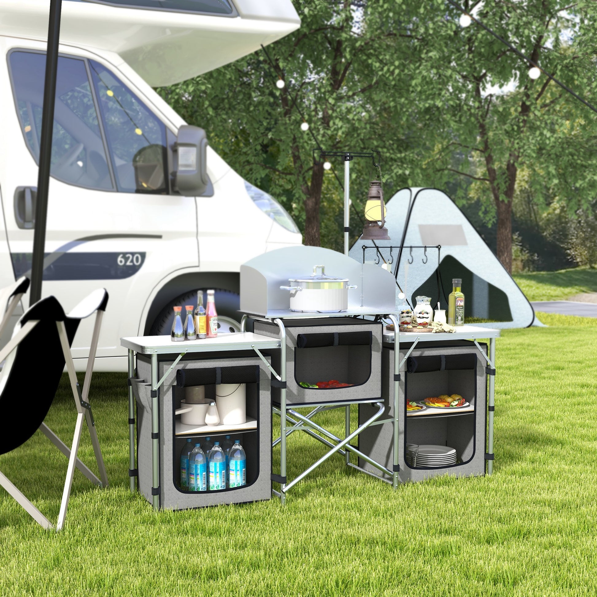 Outsunny Mueble De Cocina Para Camping Con 3 Mesas 172x48x130 Cm Gris_1