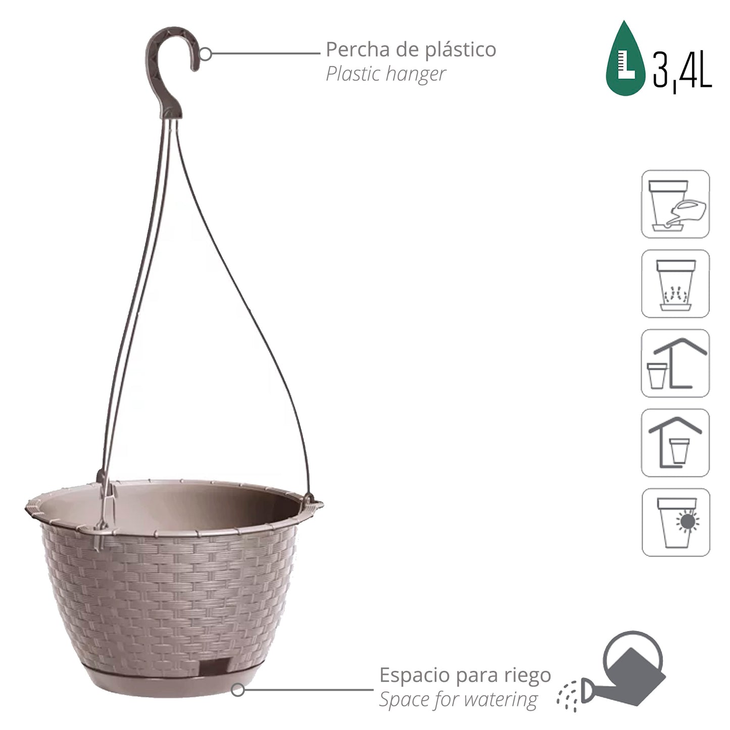 Macetero Colgante Ratolla Round W 3,4l., Dimensiones (mm) 217x217x142, Color Mocca_2