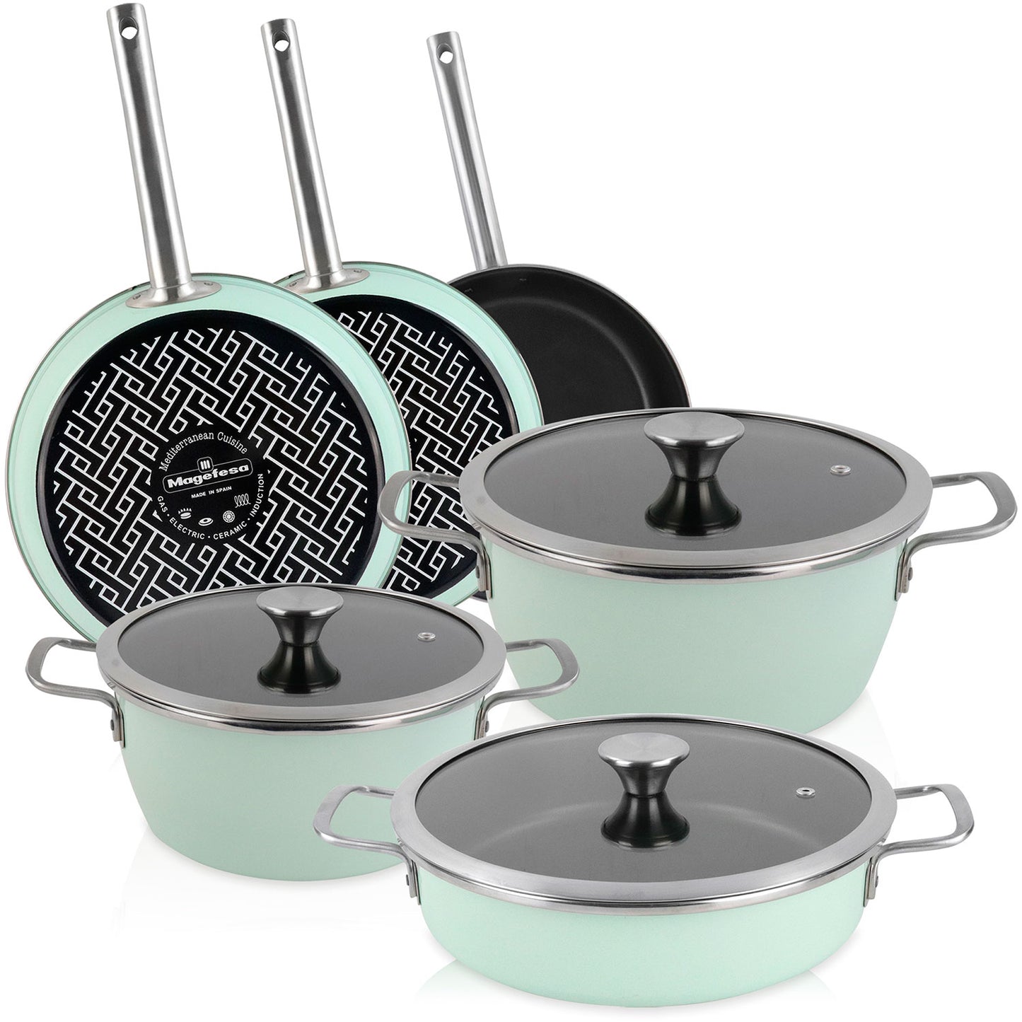 Batería Cocina Inducción 9 Piezas, Antiadherente Libre Pfoa Exterior Verde Menta Retro Vintage Magefesa Nordic, Verde_0