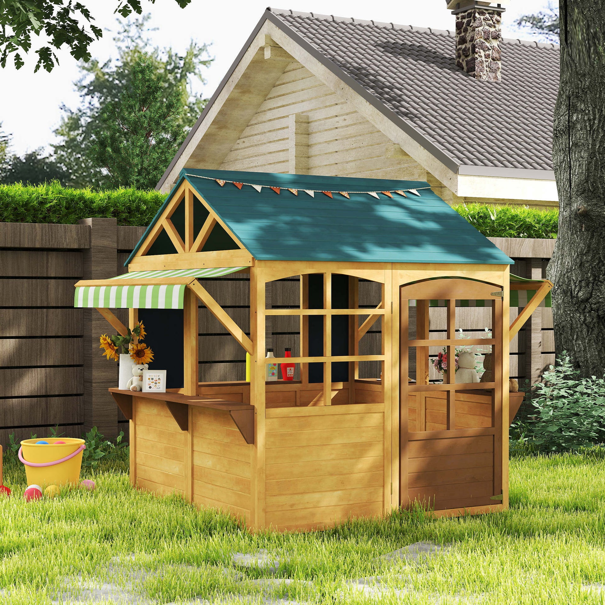 Aiyaplay Casita Infantil Exterior De Madera Con 2 Pizarras Ventanas Natural_1
