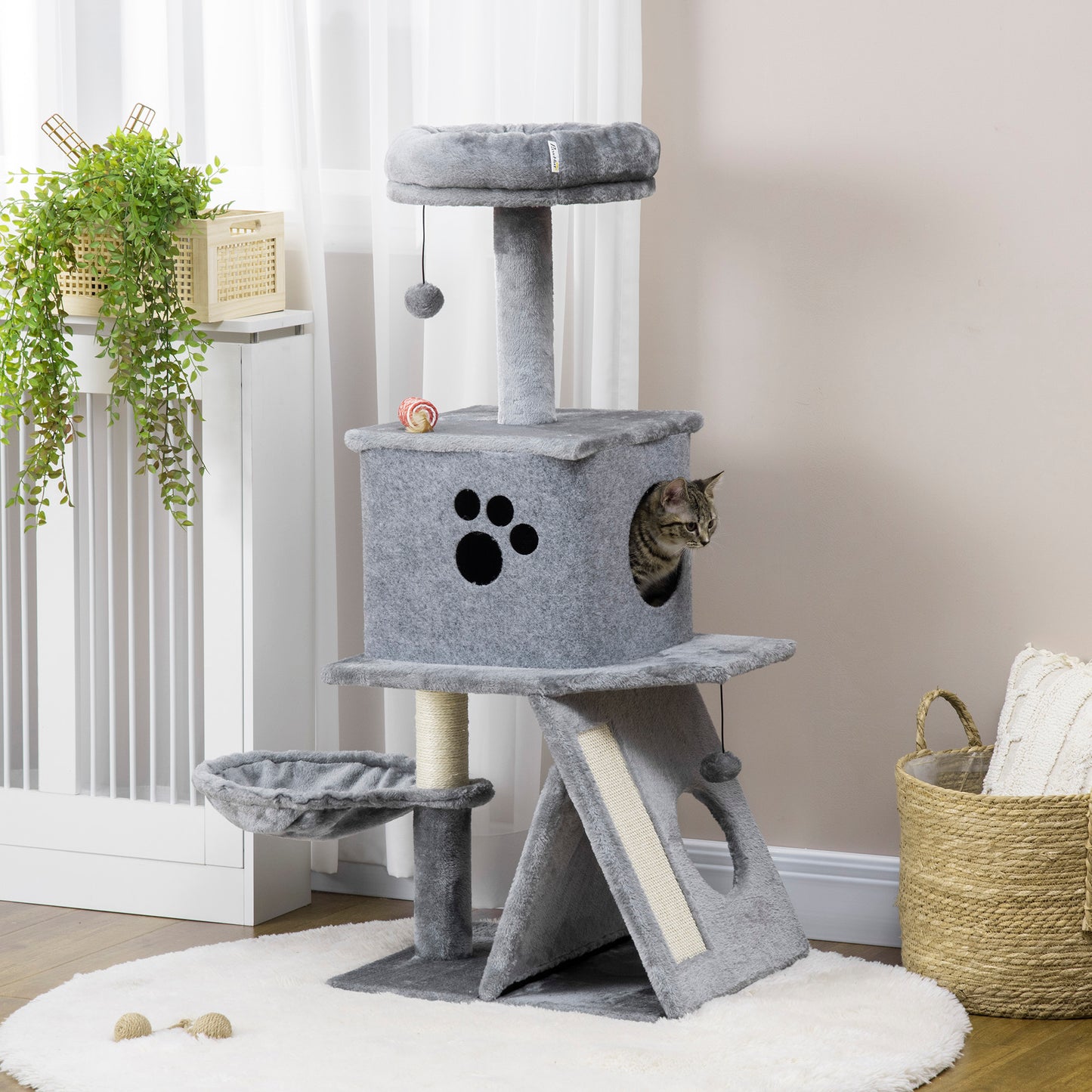 Pawhut Árbol Rascador Para Gatos Altura 111 Cm Cama Cueva Hamaca Bola Colgante_1