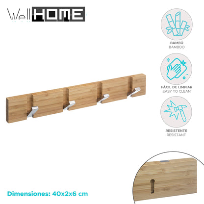 Well Home Perchero De Bambú Con 4 Colgadores Cromados Diseño Moderno 40x5,5x6cm_1