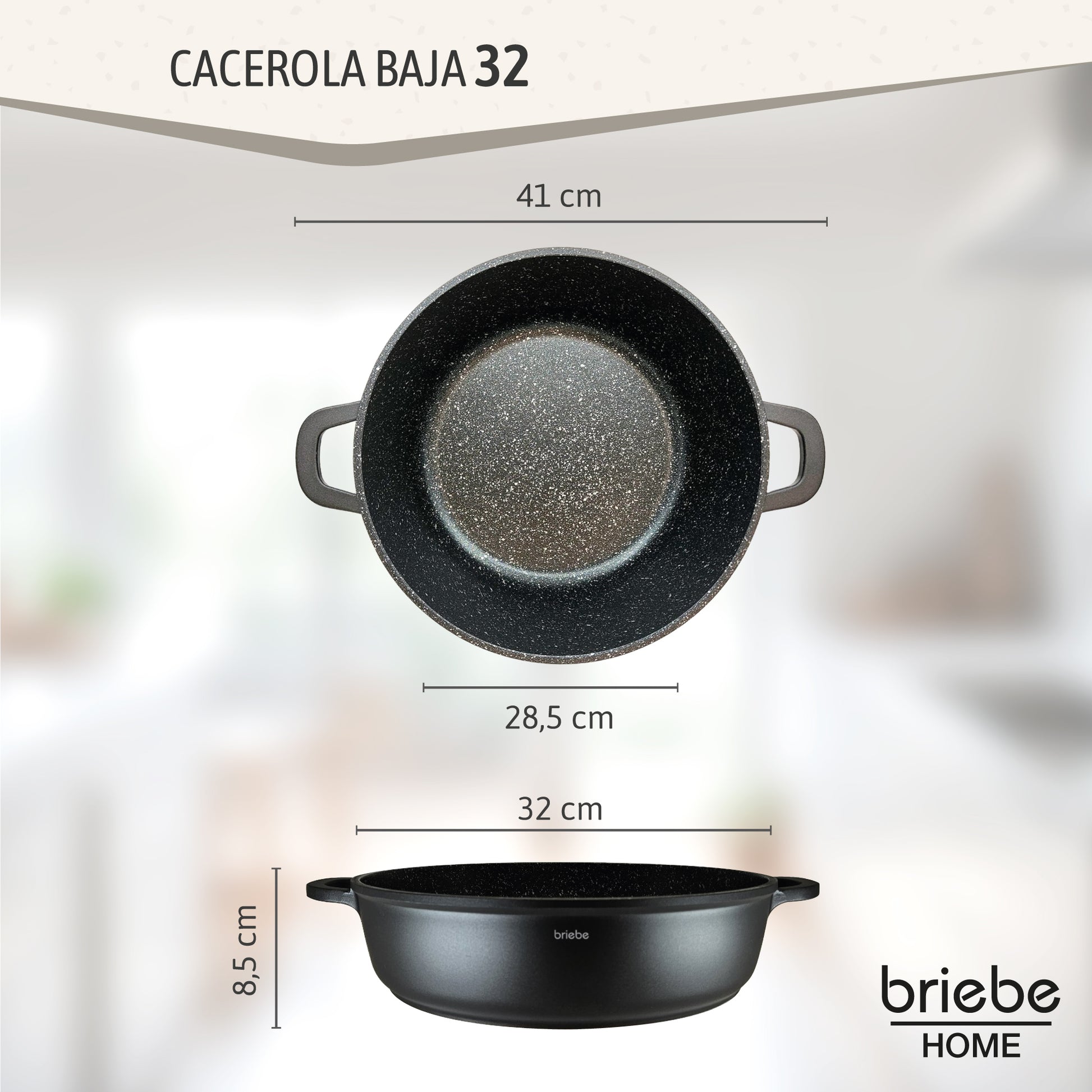 Briebe Cacerola Baja Cocina Inducción Antiadherente Titanio, Cazuela 32cm, Aluminio Fundido Sin Pfoa, Black Titanium_2
