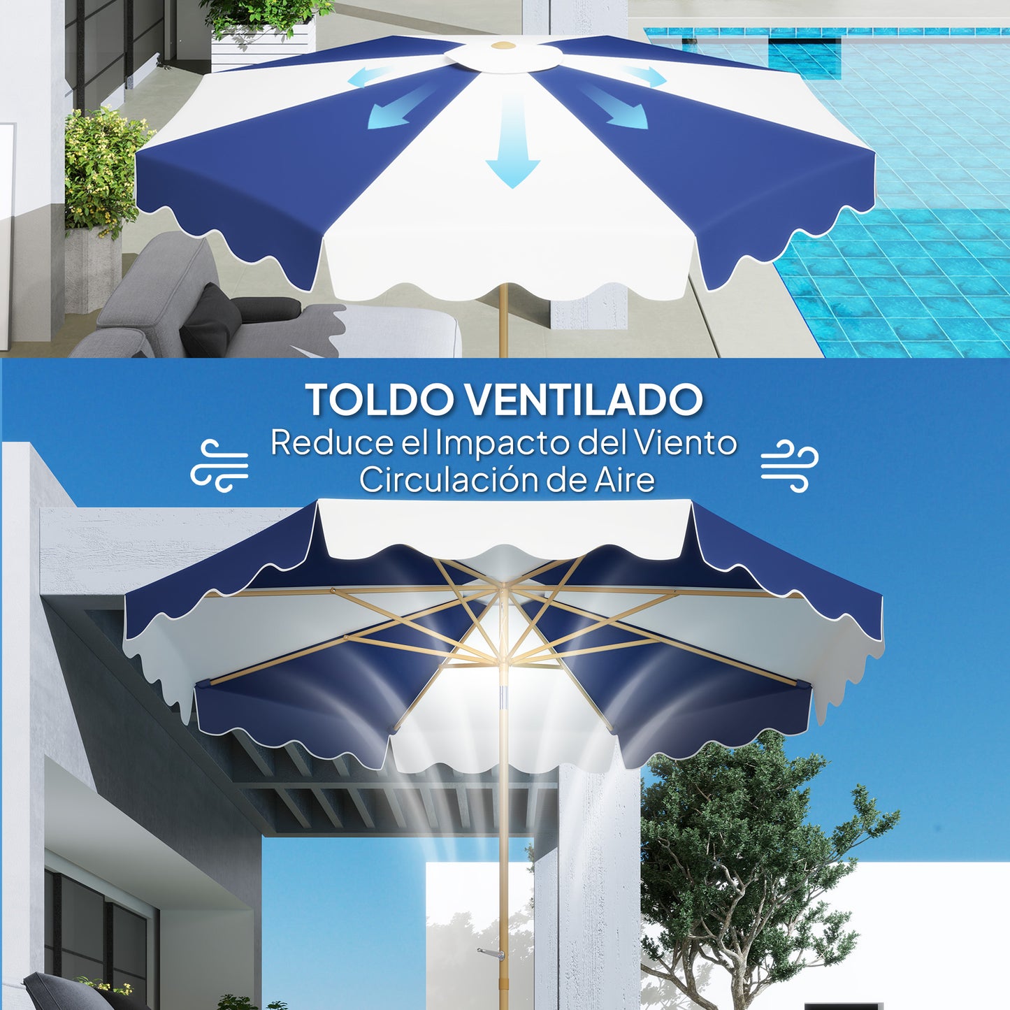 Outsunny Sombrilla Terraza Exterior Ø267 Cm Con Ángulo Inclinable Azul Y Blanco_5